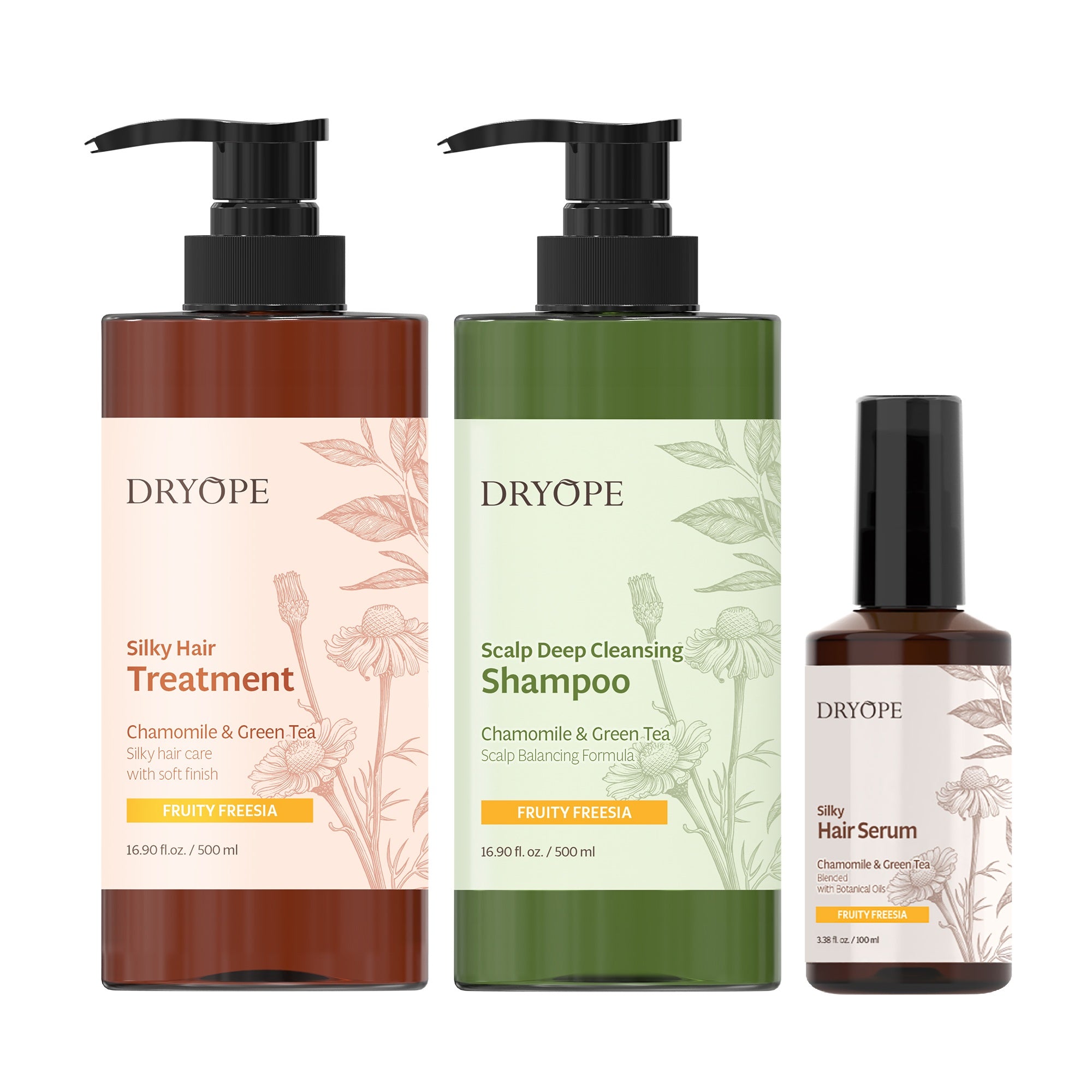 DRYOPE FRUITY FREESIA Set, Maschera capelli 500 ml + Shampoo vegano 500 ml + Siero vegano 100 ml