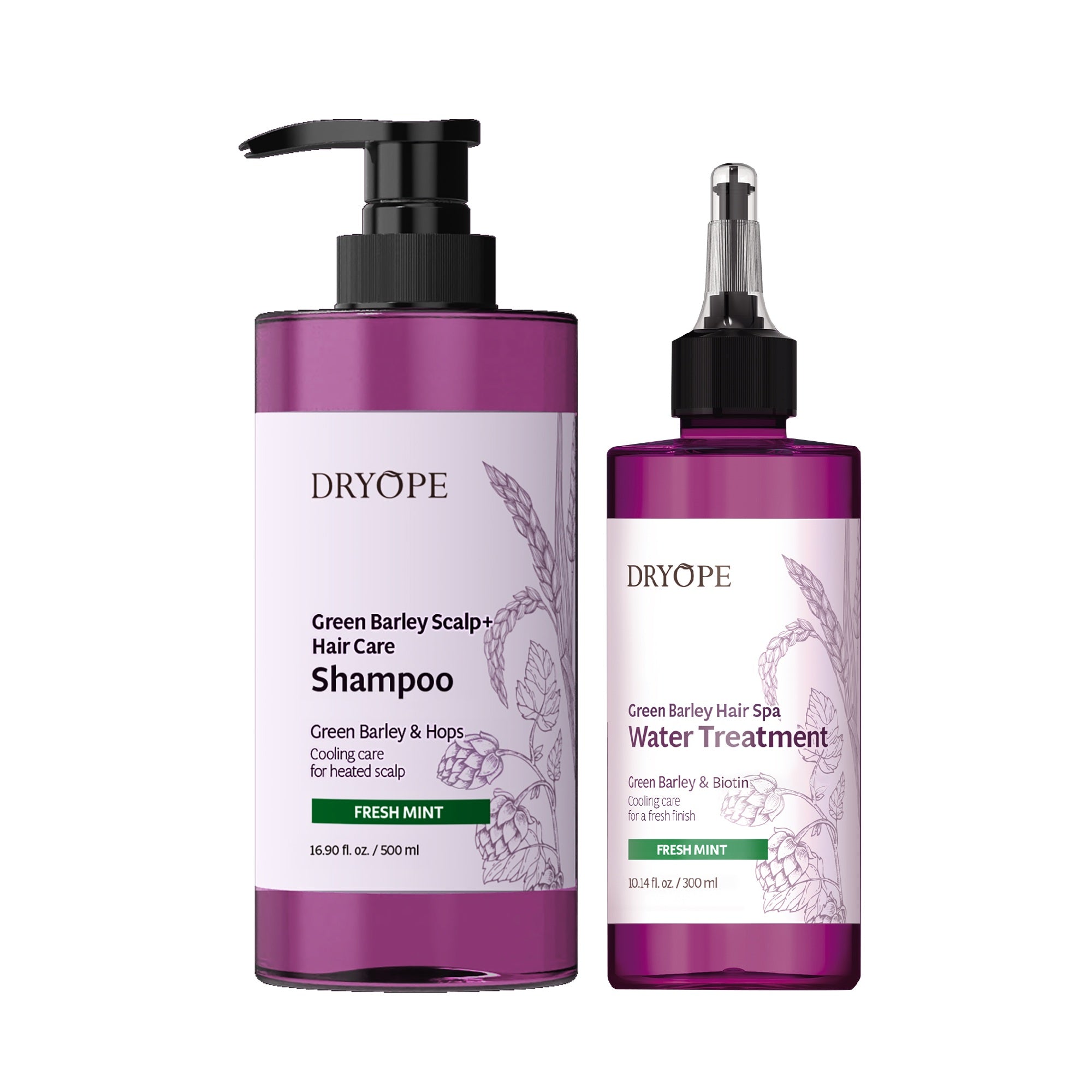DRYOPE FRESH MINT Set, Shampoo vegano 500 ml + Trattamento completo dell'acqua 300 ml