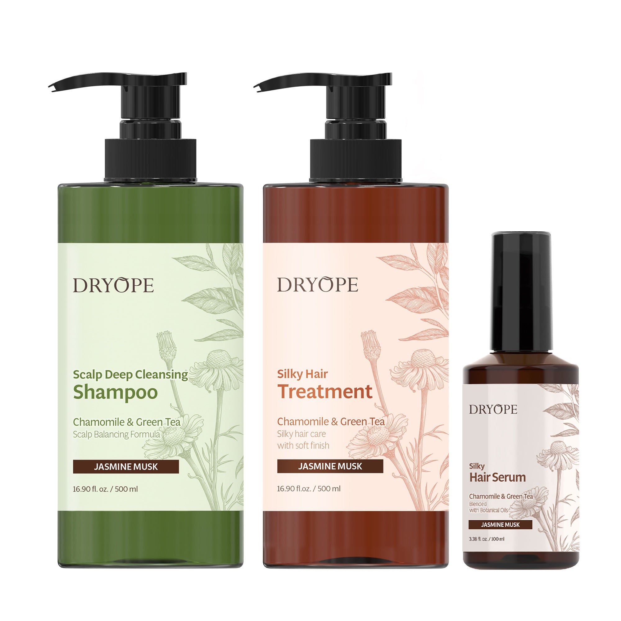DRYOPE JASMINE MUSK Set, Shampoo vegano 500 ml + Maschera nutriente 500 ml + Siero vegano 100 ml
