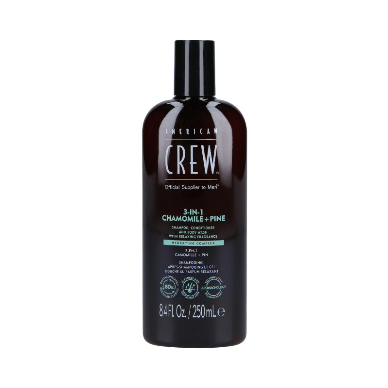 AMERICAN CREW 3-IN-1 Shampoing, après-shampooing et gel douche, Trois en un au parfum de camomille et de pin 250ml