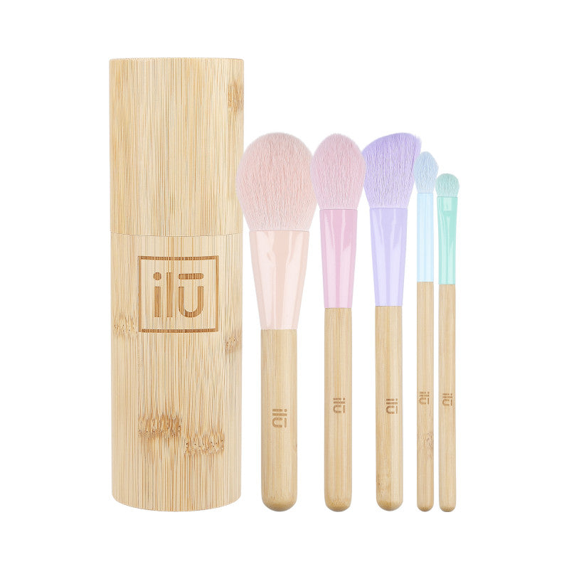 ILŪ BambooM! Set de 5 Pinceaux de Maquillage et 1 Tube Porte-pinceaux en Bambou