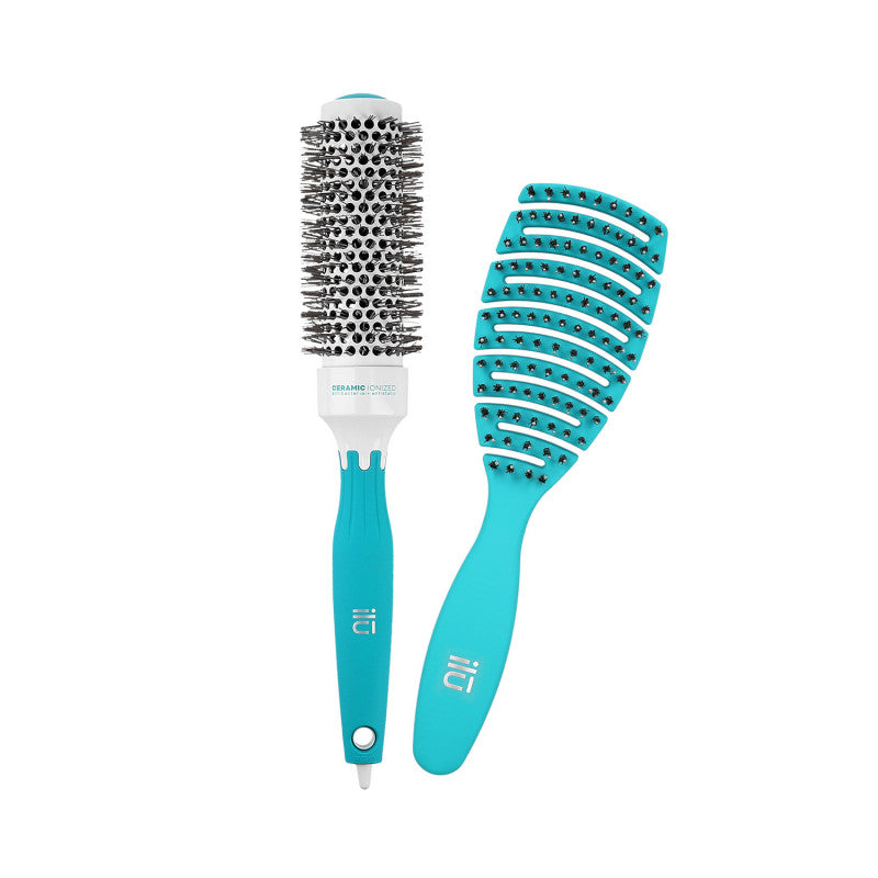 ilū Türkise 2 Teilig Haarbürsten Set, Entwirr Bürste Und Styling Haarbürste Rund Ø 33 mm